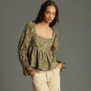 Anthropologie Green Floral Blouse